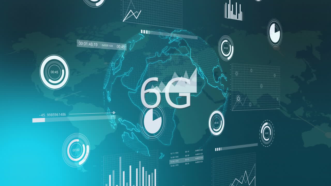 6G text animation over digital graphs and world map background