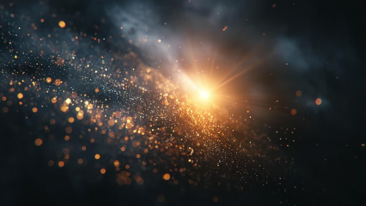 Una straordinaria visualizzazione dello splendore cosmico: particelle scintillanti e luce radiosa catturano la bellezza dell'universo in due fotogrammi dinamici.