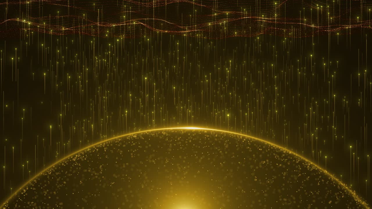 Golden sparkling particles falling down glowing lights dark background bokeh effect cosmic scene