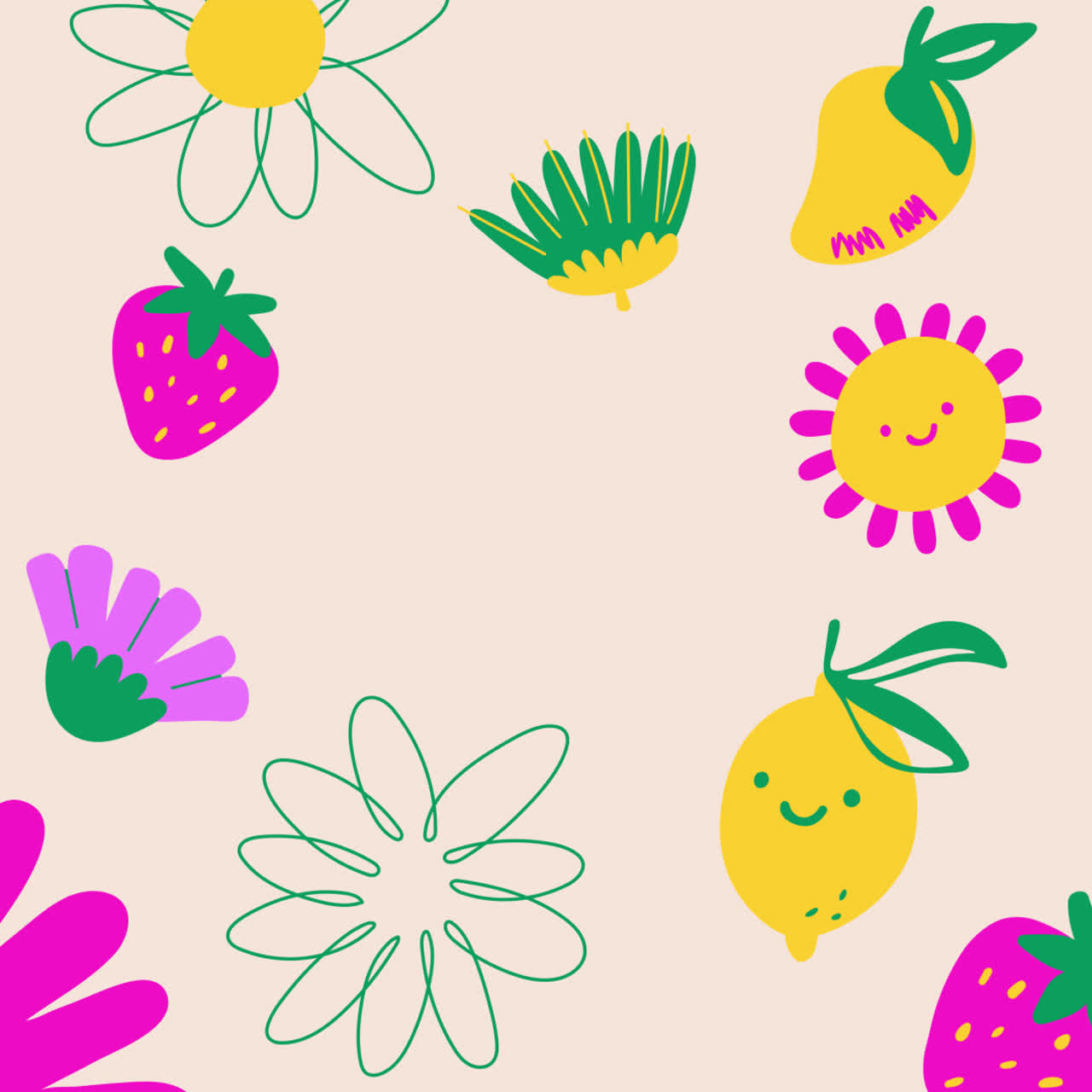frutas y flores de verano de dibujos animados
