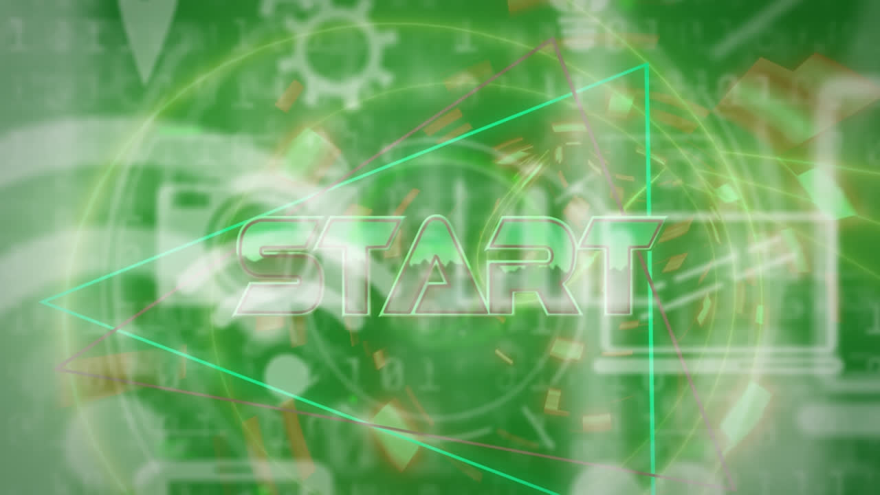 초록색 배경에 아이콘과 데이터 처리를 가진 시작 텍스트의 애니메이션