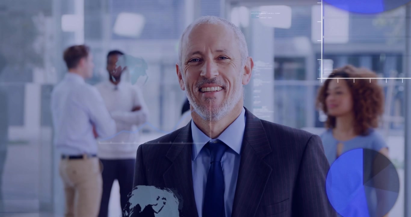 Camera moving revealing suited man posing, data overlays presenting business analytics and charts