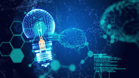 animación de bombillas, cerebros humanos y procesamiento de datos científicos