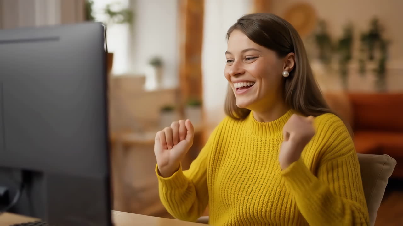Happy and excited woman reacting to content on her computer