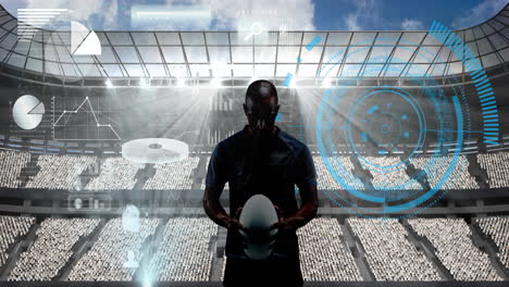 animación de procesamiento de datos y jugador de rugby sosteniendo la pelota sobre el estadio deportivo