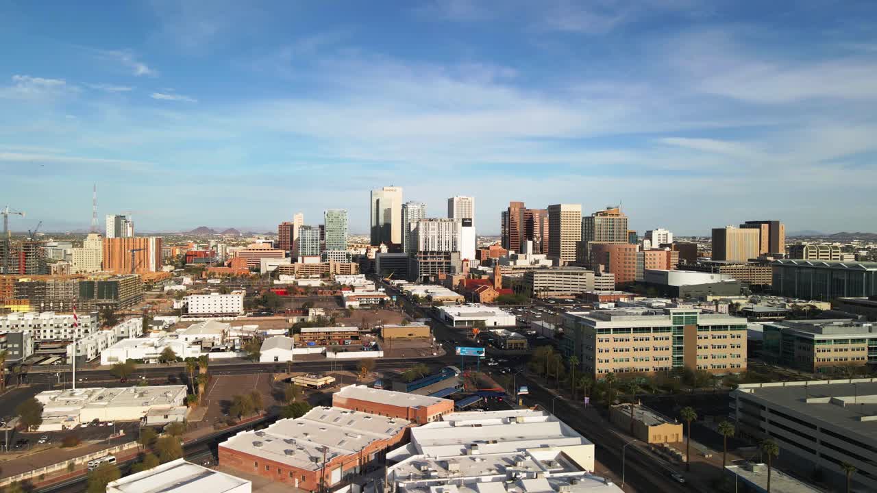 Downtown Phoenix Skyline March 2021 Rotating Drone Shot 60fps Partly Cloudy Day