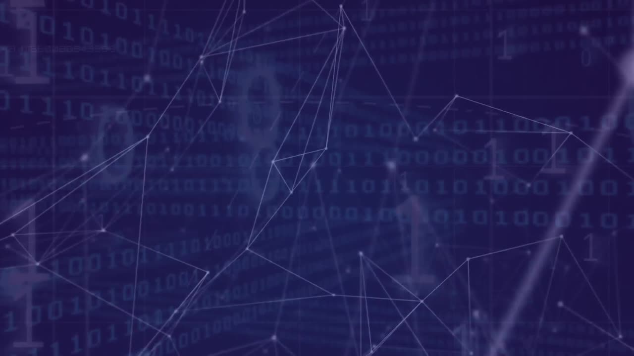 animación de la red de conexiones y procesamiento de datos de codificación binaria sobre fondo púrpura