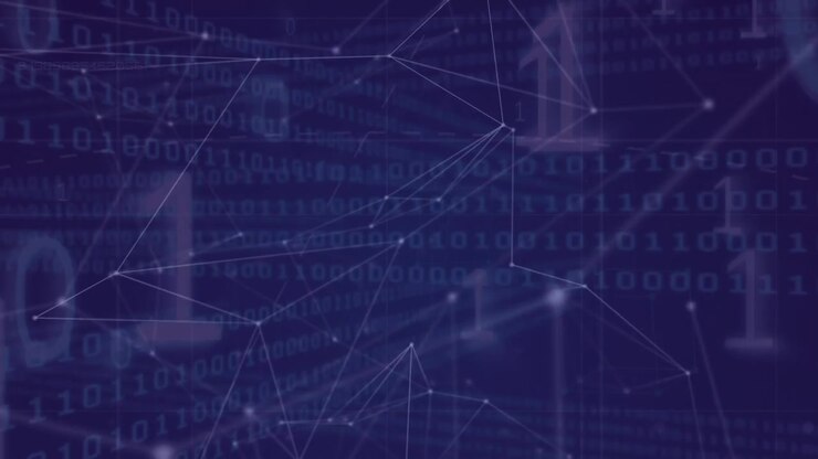 Animation of network of connections and binary coding data processing over purple background
