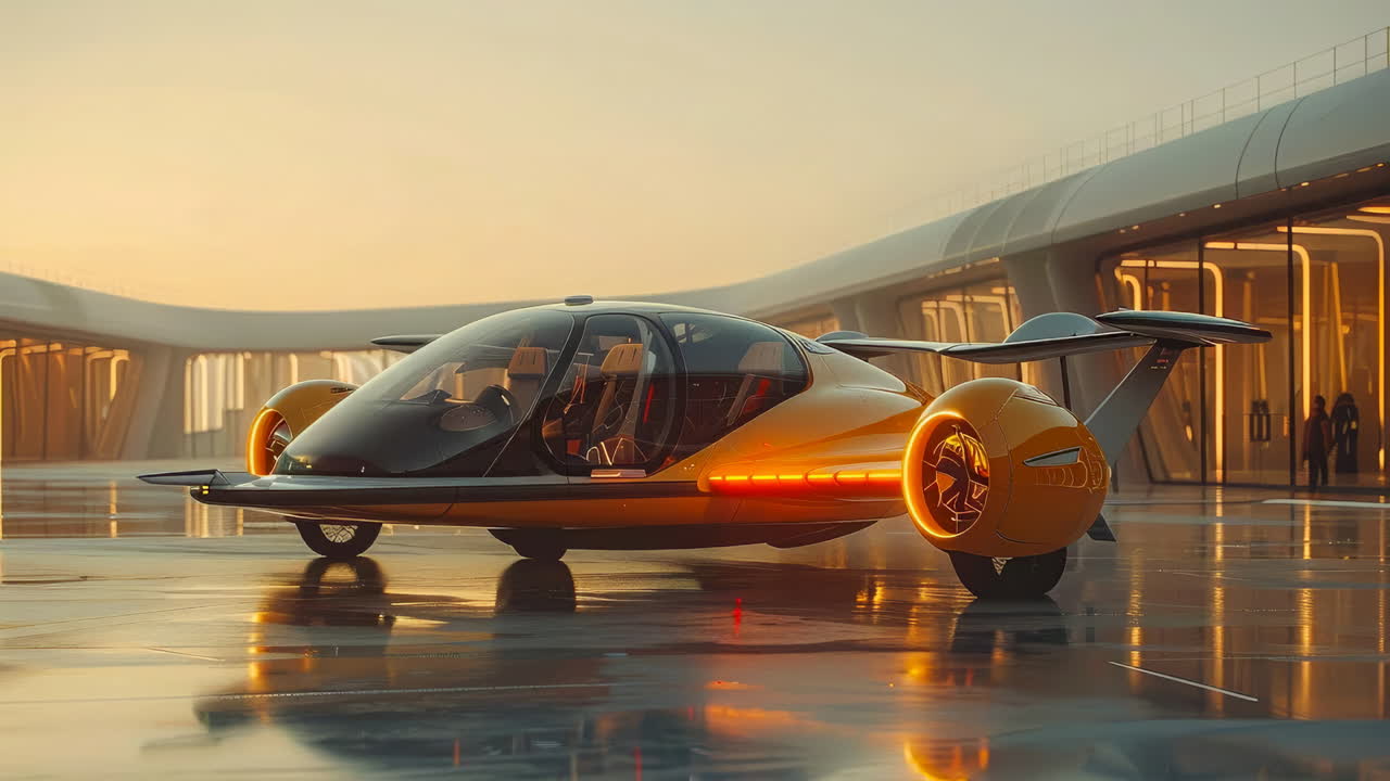 Futuristic flying vehicle. A sleek flying vehicle with glowing wheels prepares for takeoff at a contemporary terminal during sunset