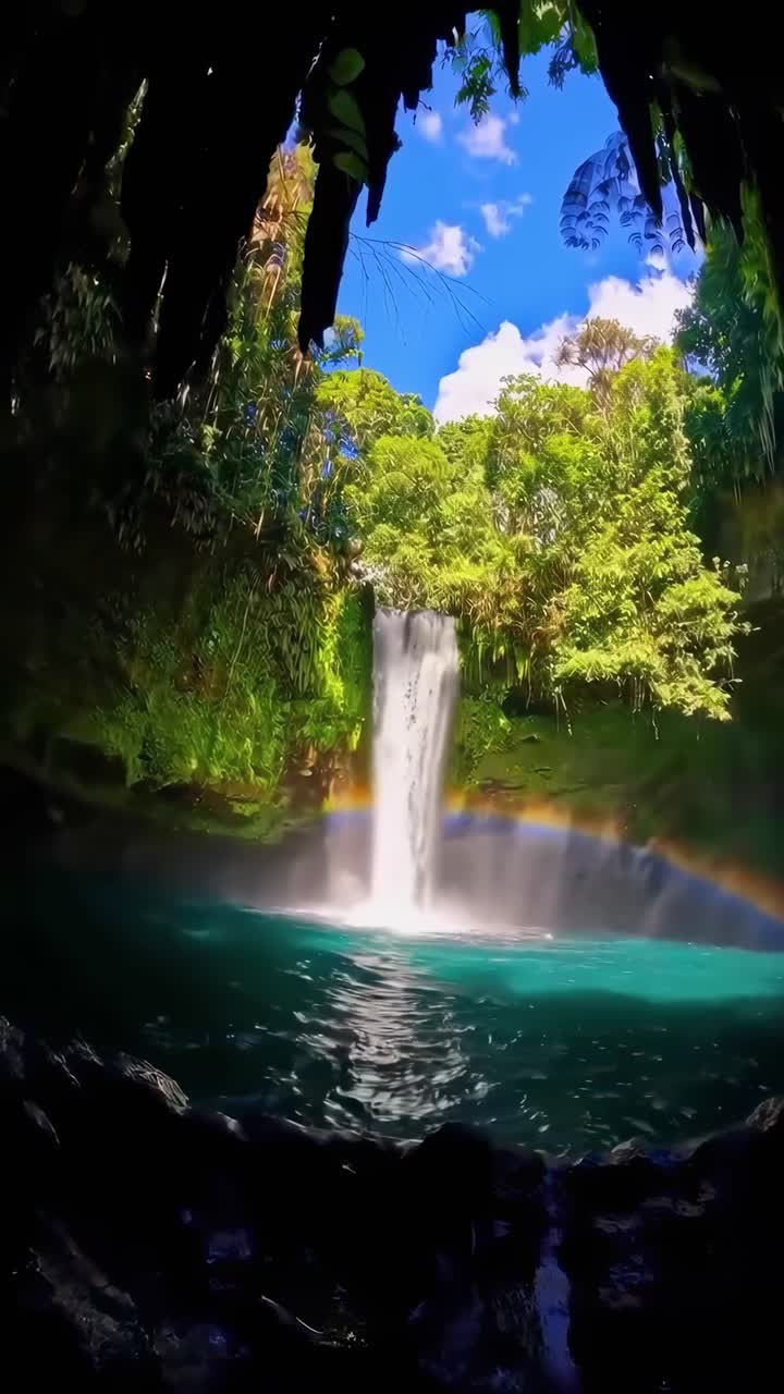 Conceito de vídeo de uma cachoeira vista de uma caverna, com uma filmagem em ângulo baixo capturando vegetação exuberante