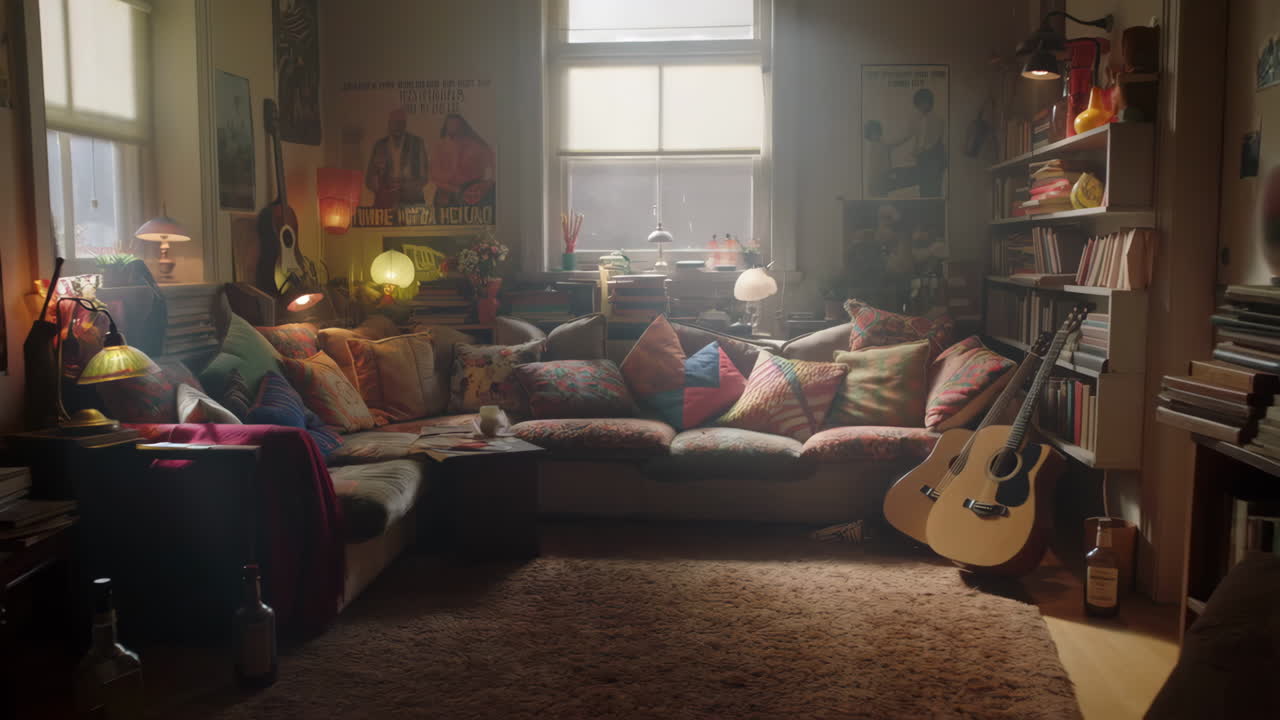 Cozy and Eclectic Living Room with Guitars and Bookshelves