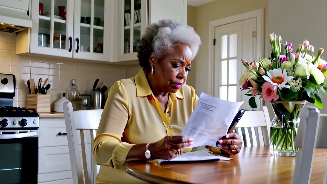 An afro senior woman in a yellow shirt is reading a document at kitchen