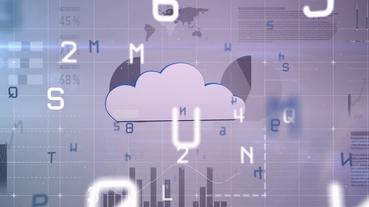 Cloud computing animation over financial graphs and world map