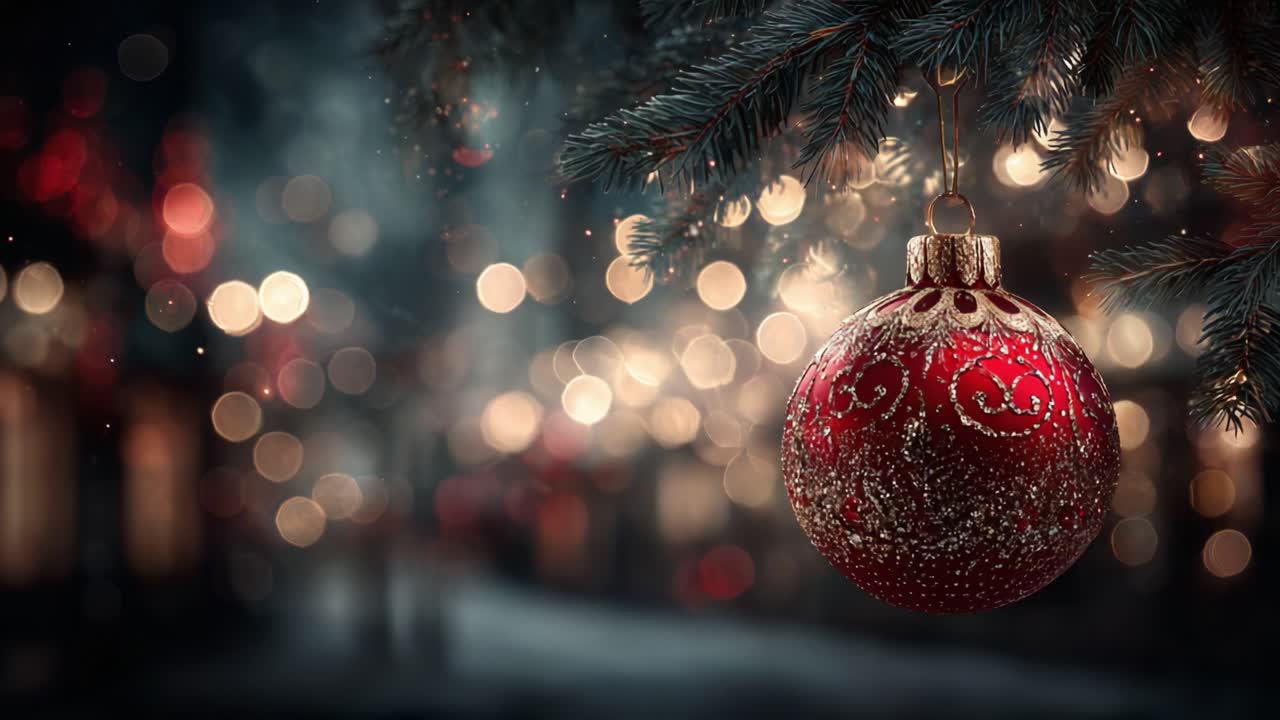 Una decorazione natalizia rossa splendidamente decorata appesa delicatamente a un albero, circondata da un bokeh scintillante di luci natalizie calde, che cattura l'essenza dell'allegria festiva