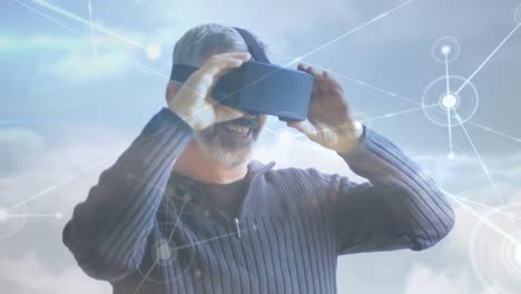 animación de la red de conexiones sobre el hombre caucásico usando auriculares vr