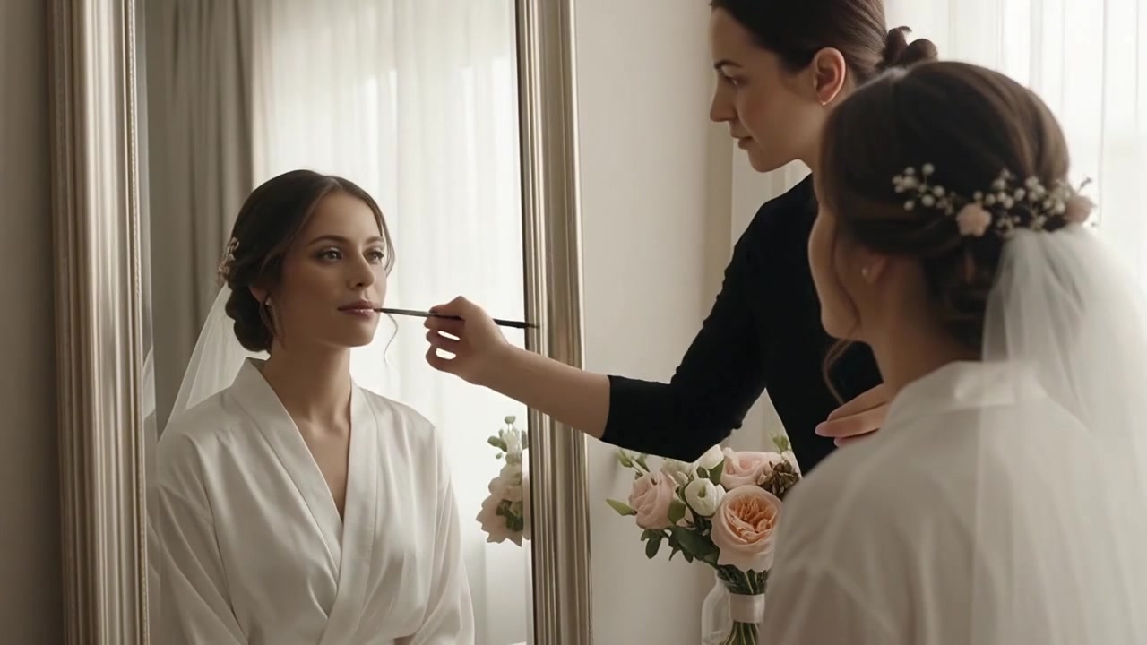 Professional Makeup Artist Applying Lipstick to Bride in Dressing Room