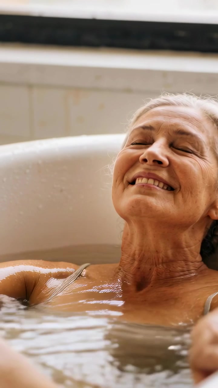 Vertical video: Smiling lady in tank reclining in tub in bathroom arms making ripples causing smile