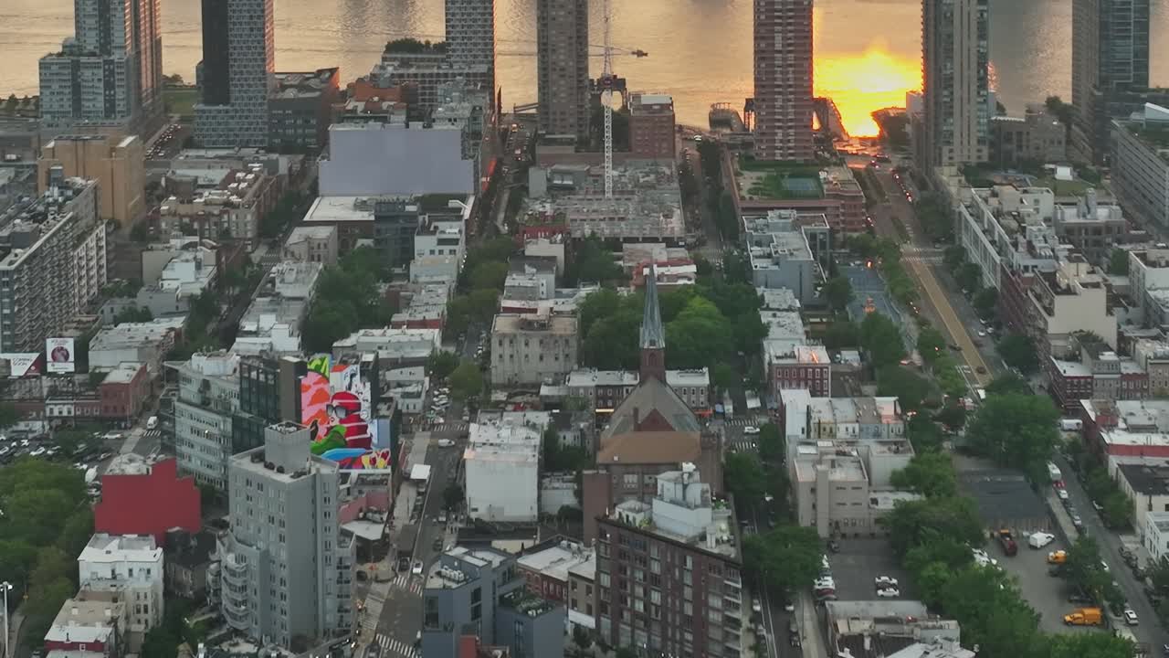 Sunset over New York City with views from a drone