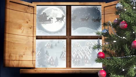 Animation-of-winter-scenery-with-santa-in-sleigh-with-reindeer