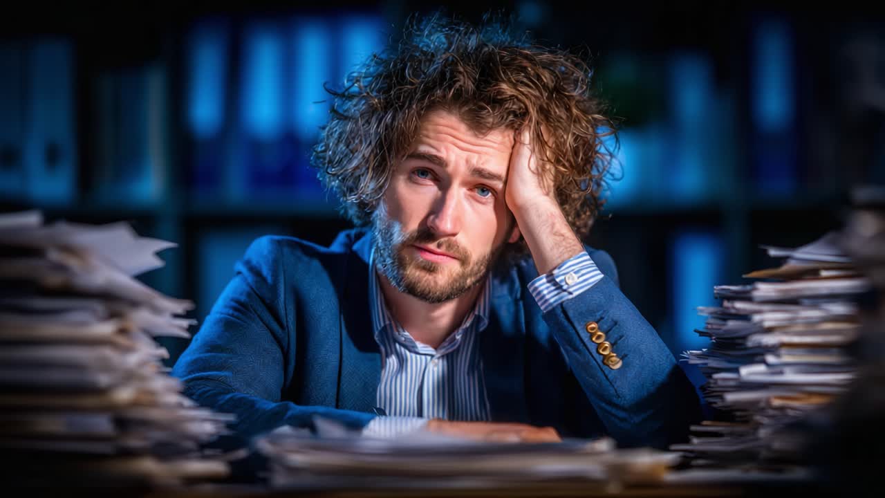 A Frustrated Professional Surrounded by Paperwork: Capturing the Emotional Toll of Overwhelming Administrative Tasks at Work