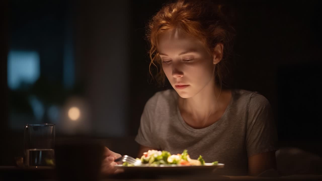 A Young Woman Enjoys a Quiet Dinner, Savoring Each Bite of Her Fresh Salad in a Dimly Lit Room, Emphasizing the Intimacy of Solo Dining Experience