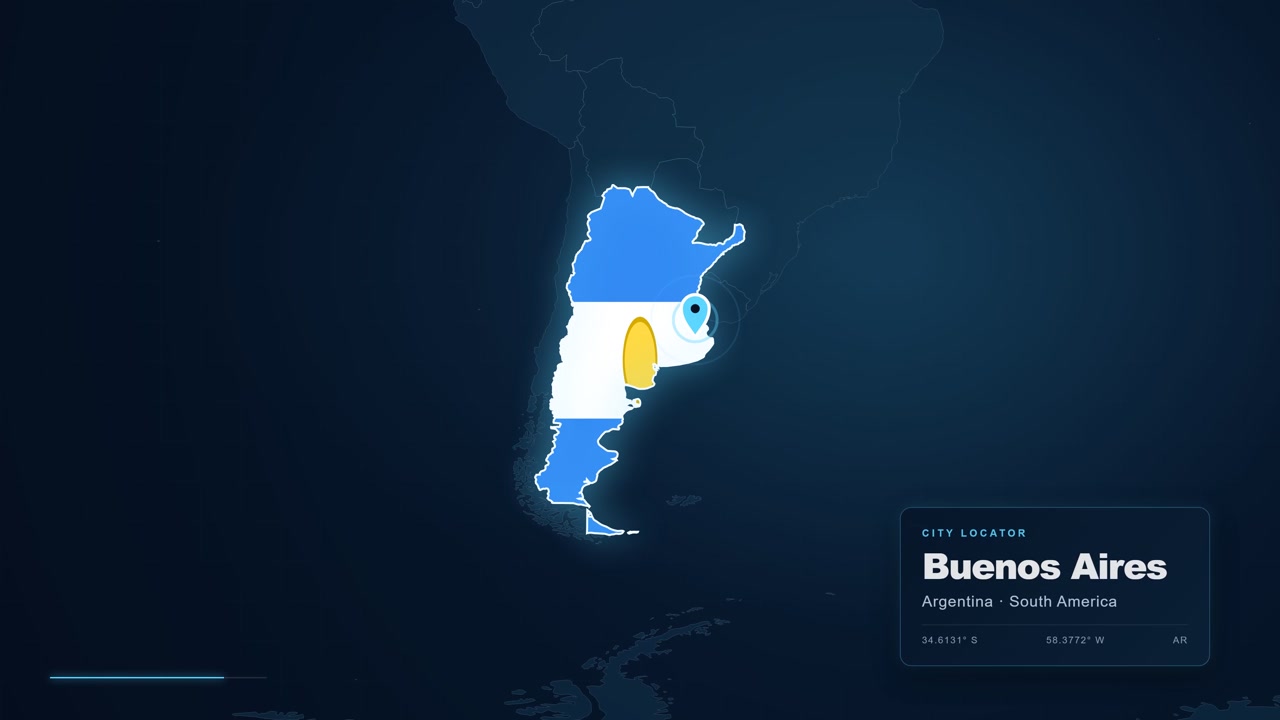 Schermata dell'interfaccia utente di navigazione futuristica che segna le coordinate geografiche per la città di Buenos Aires in Argentina