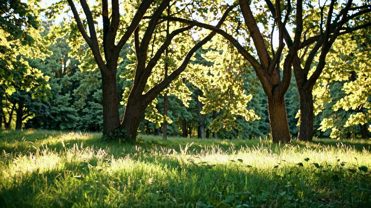 A serene video scene of a sunlit forest floor with tall trees, captured from a low-angle