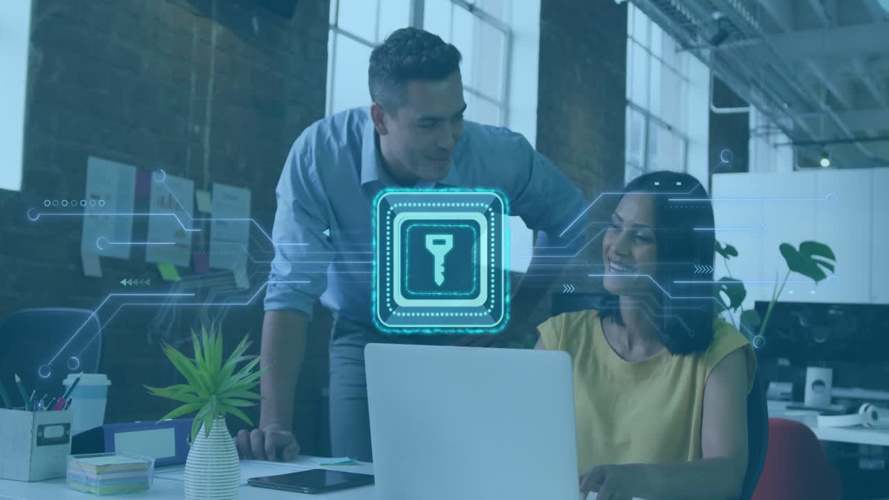 As coworkers leaning over laptop, animated lock HUD appearing, guiding security review and workflow