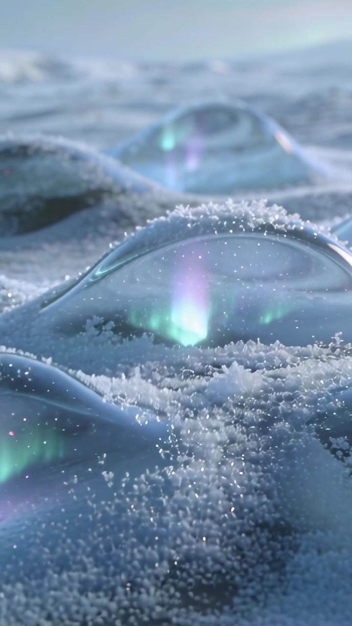 Vertical video: Moving camera showing central clear dome on icy plain, revealing aurora glow