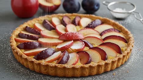delicious plum and apple tart being dusted with powdered sugar