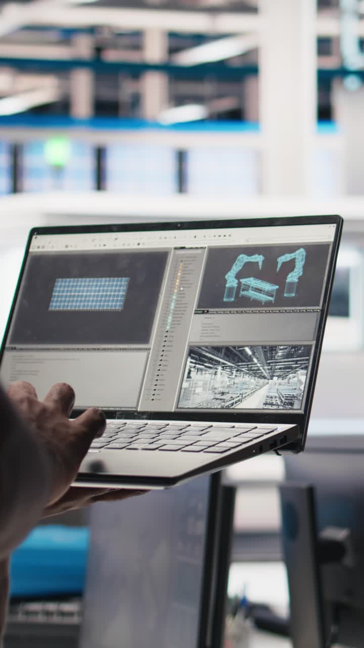 Vertical Video Photovoltaics factory worker uses tablet to improve solar panels manufacturing