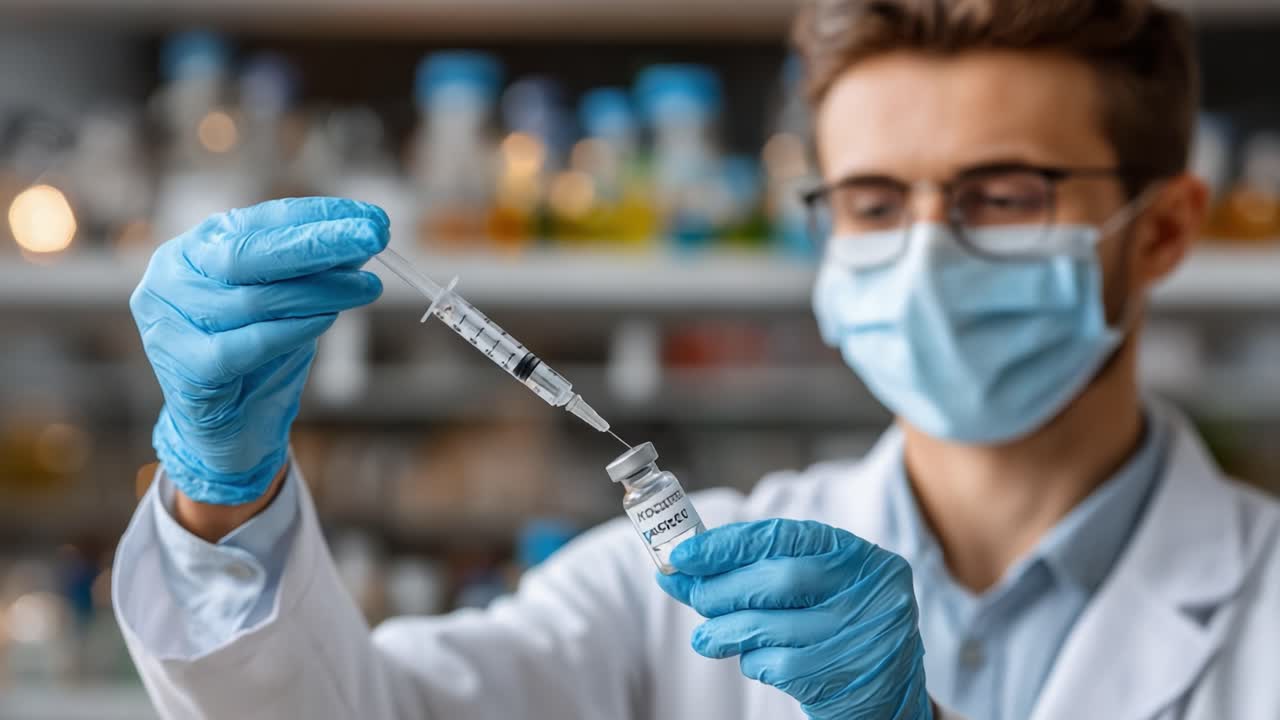 Healthcare Professional Preparing Vaccine Dosage for Administration with Care and Precision in a Laboratory Setting Amidst Various Medical Supplies