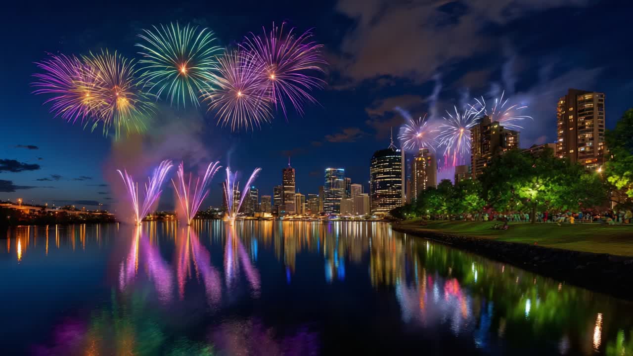 Spectacular Night Sky Illuminated by Vibrant Fireworks Over a City Skyline Reflected in a Calm River, Creating a Breathtaking Display of Colors and Light During a Festive Celebration