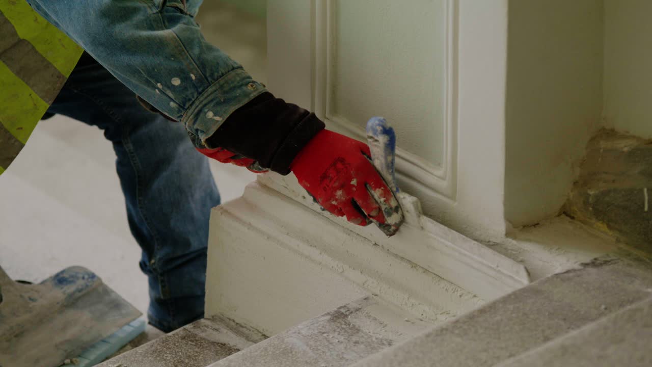 Close-up, static shot of a construction worker using a spatula to clean, smooth, or remove excess material from decorative plaster baseboard or skirting board