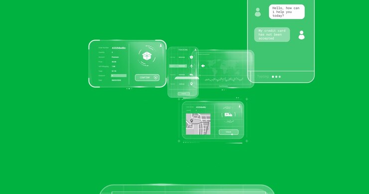 Animation of customer account, order, delivery and status data screens on transparent background