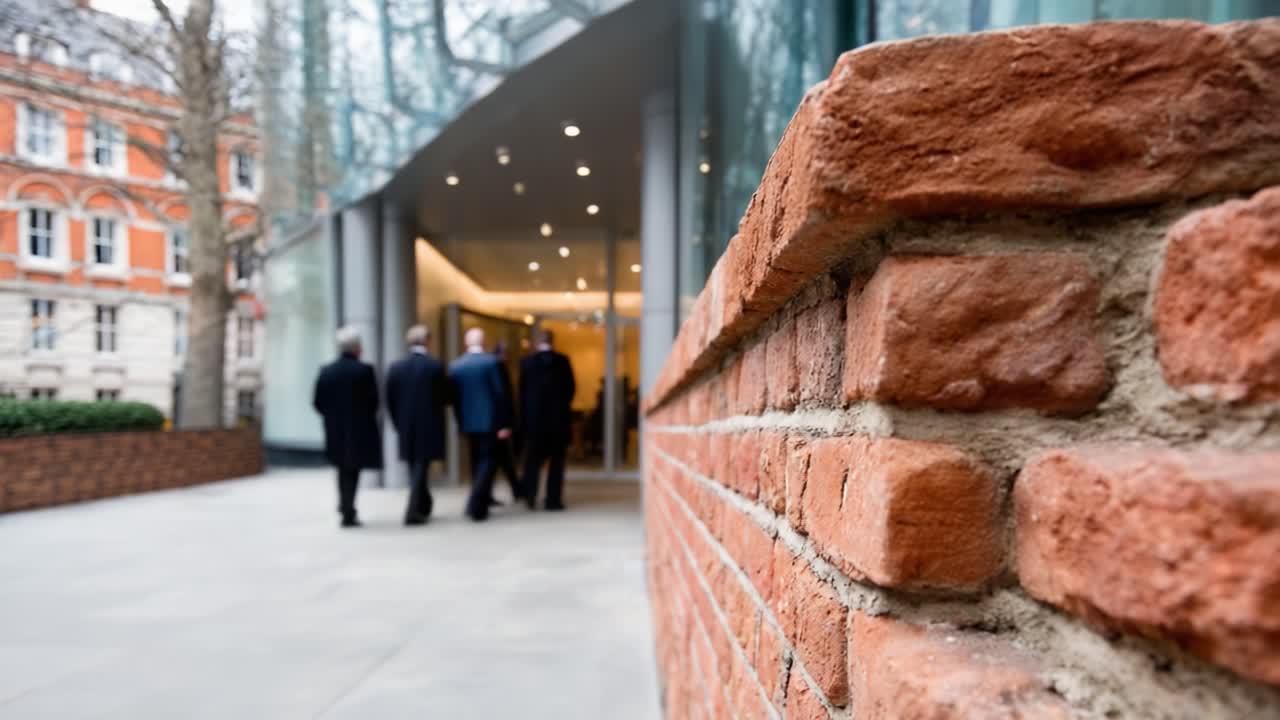 A Group of Professionals Approaching a Modern Building with Brick Wall Detail and Glass Facade: An Urban Scene Highlighting Architectural Elements and Human Interaction