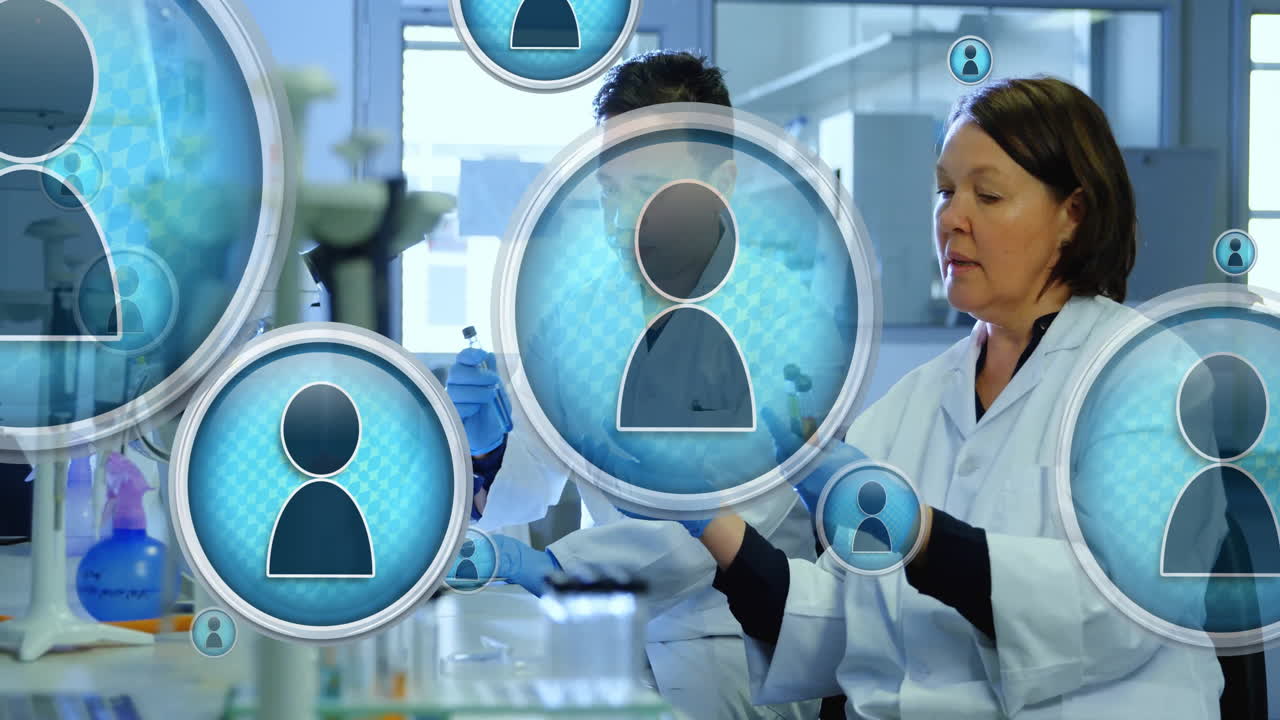 실험실에서 다양한 과학자들에 대한 사람들의 아이콘과 데이터 처리의 애니메이션