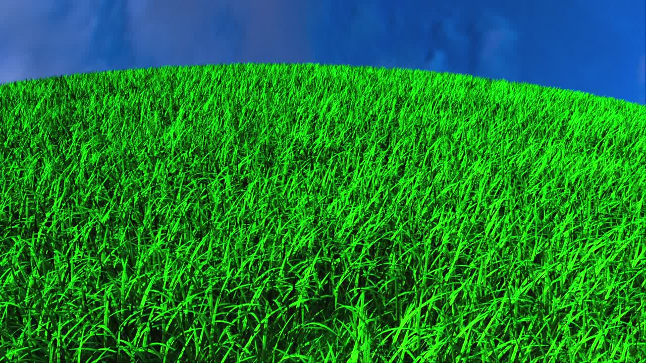 fondo abstracto generado por computadora corriendo rápido en una superficie redonda con hierba verde y cielo. ángulo de visión superior. renderización 3d