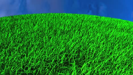 computer generated abstract background fast running on a round surface with green grass and sky. top viewing angle. 3d rendering