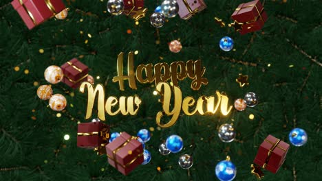 new year and christmas 2021. mobile gold inscription happy new year on the background of christmas tree branches with gold confetti, christmas balls, gift boxes.4k 3d loop animation