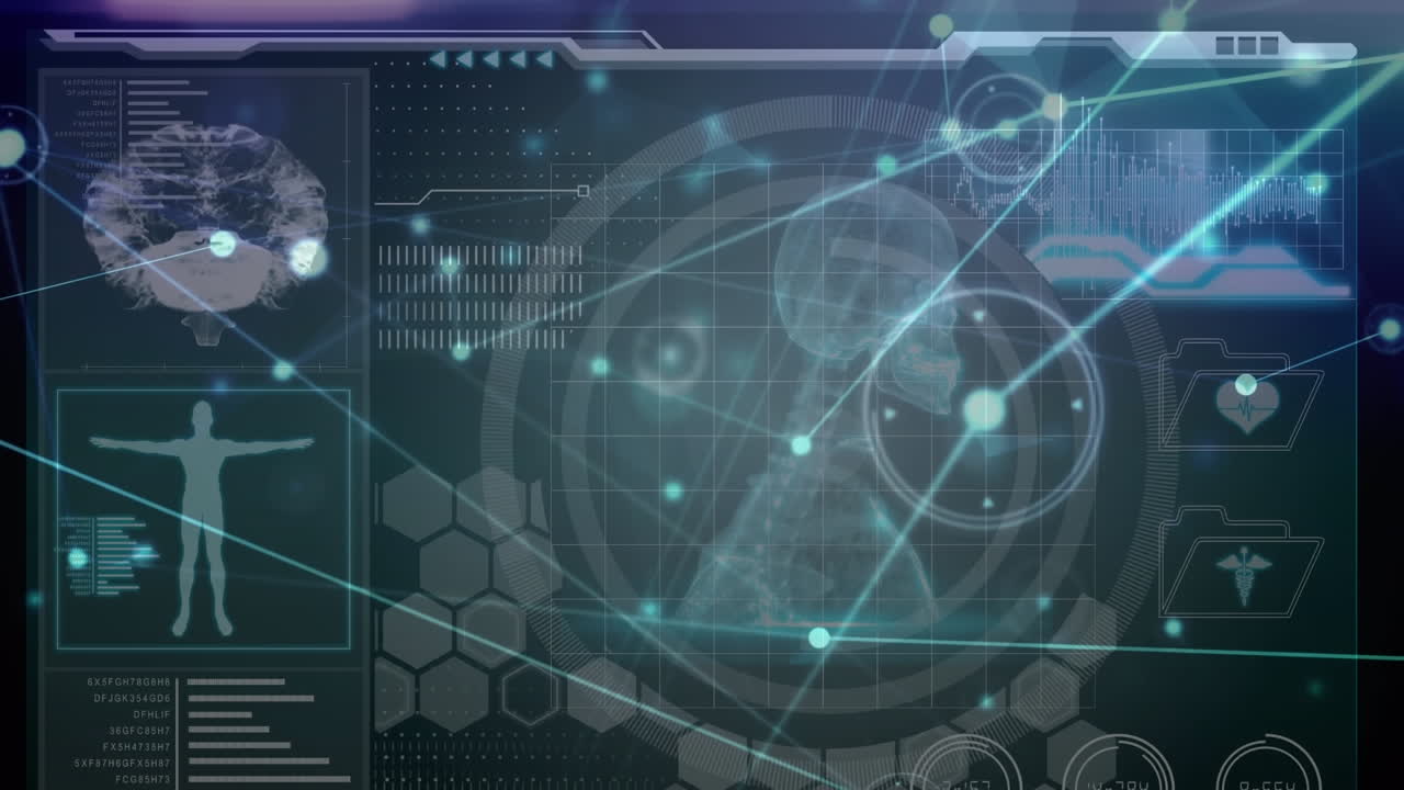 animación de una pantalla digital con diversos datos, esqueleto humano, conexiones y puntos rojos