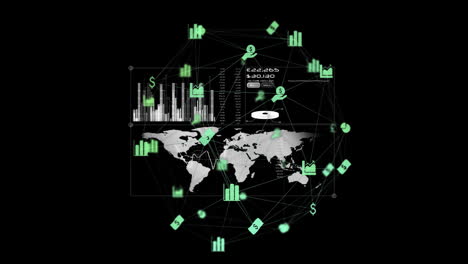 Animation-of-data-processing-and-globe-over-black-background