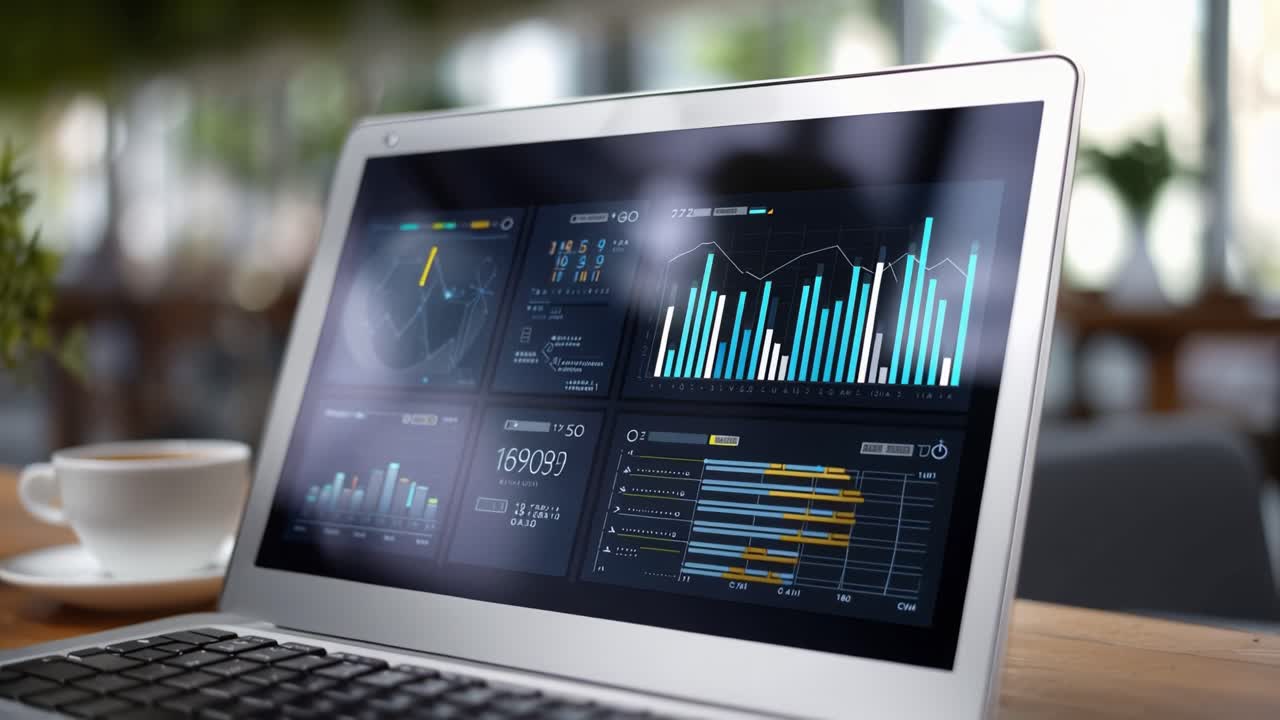 En moderne arbeidsplass med en bærbar datamaskin som viser detaljert dataanalyse med grafer og diagrammer, sammen med en kopp kaffe og grønne planter i et lyst miljø.