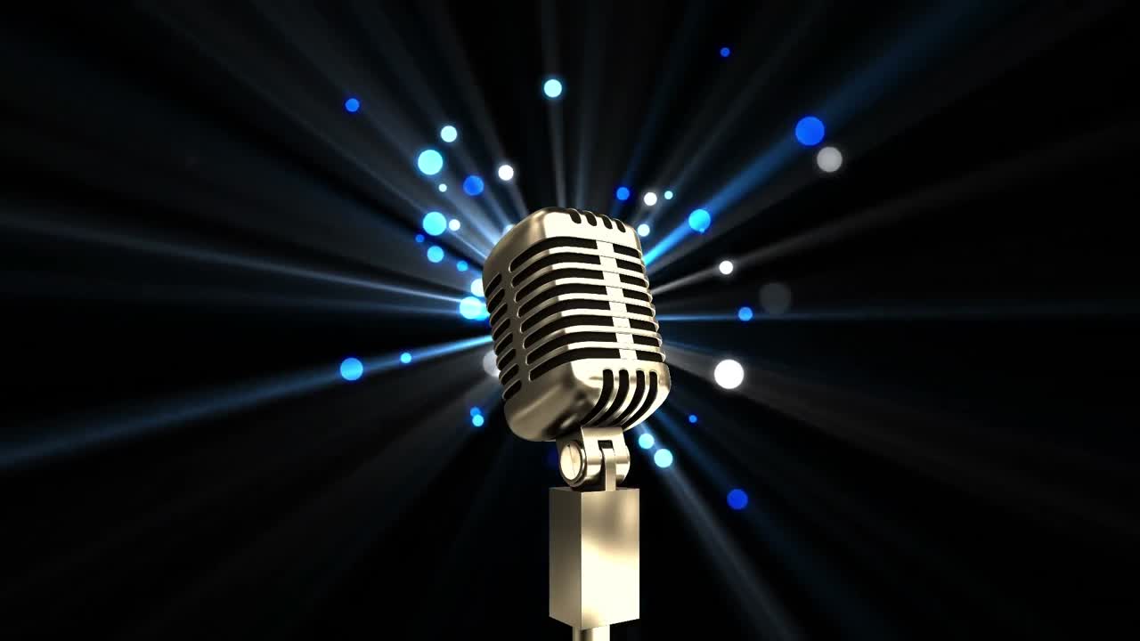 animación del micrófono sobre manchas de luz azul brillante contra un fondo negro con espacio de copia