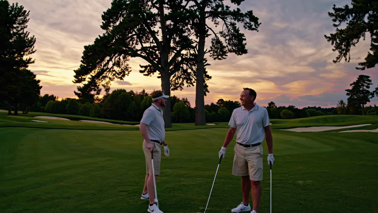Due amici che si godono una partita a golf al tramonto
