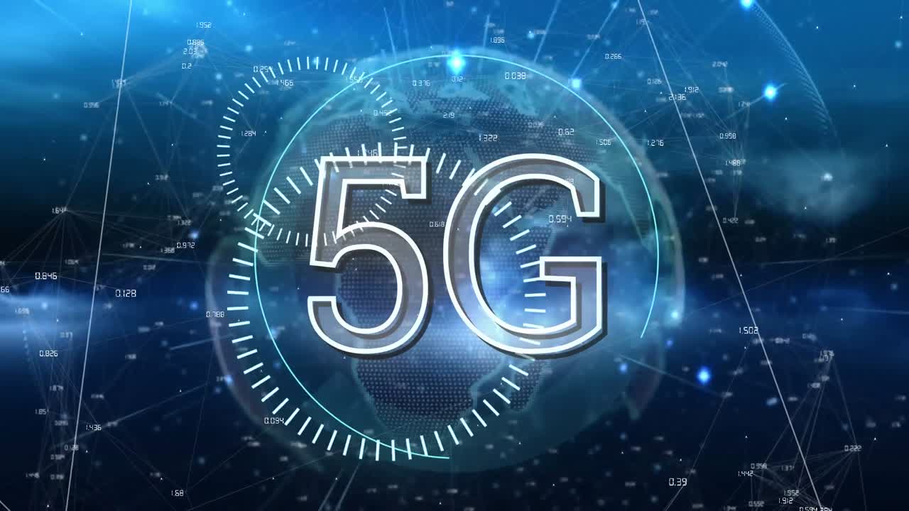 animazione di testo 5g, globo e icone con rete di connessioni