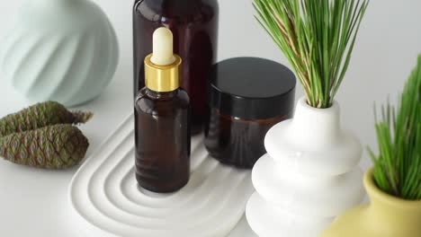 natural skincare products with pine decor