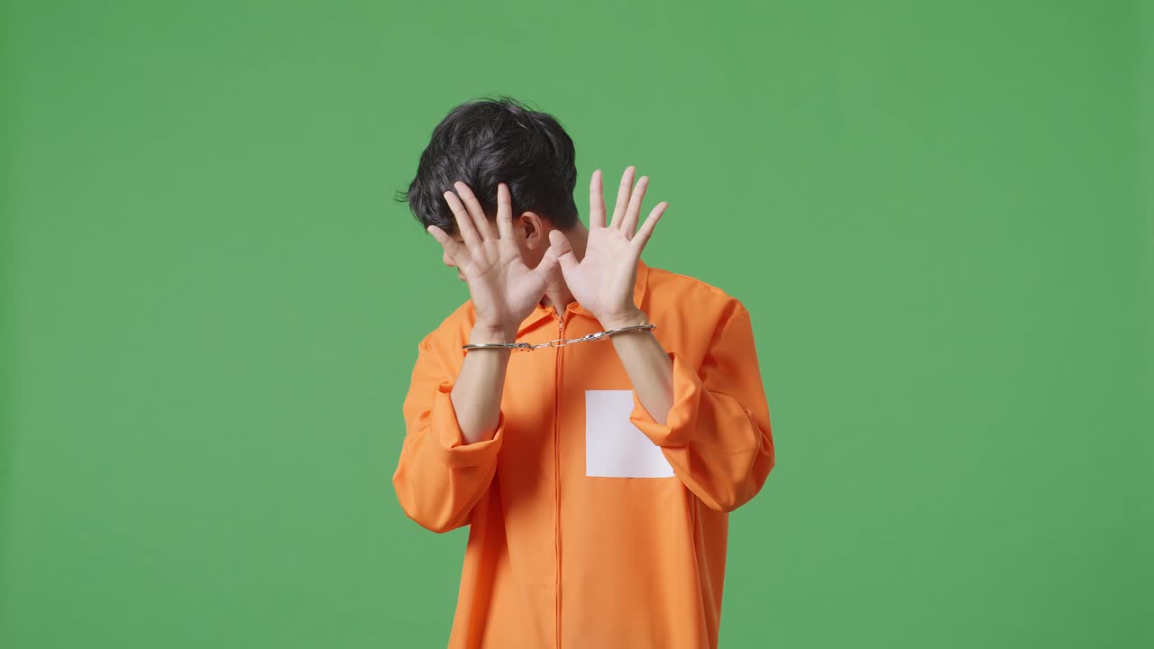 오렌지색 스웨터와 수갑을 입은 남자