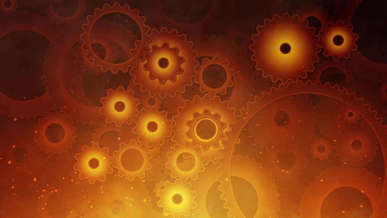 Cogs and gears loopable animation background with fire and flying embers, symbolizing intense industrial power and perpetual motion