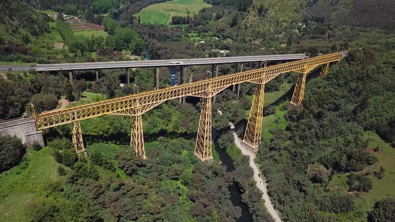 Aerial View of Malleco Viaduct, Chile, Old Railway Bridge From 19th Century and Panamericana Highway Above River Canyon